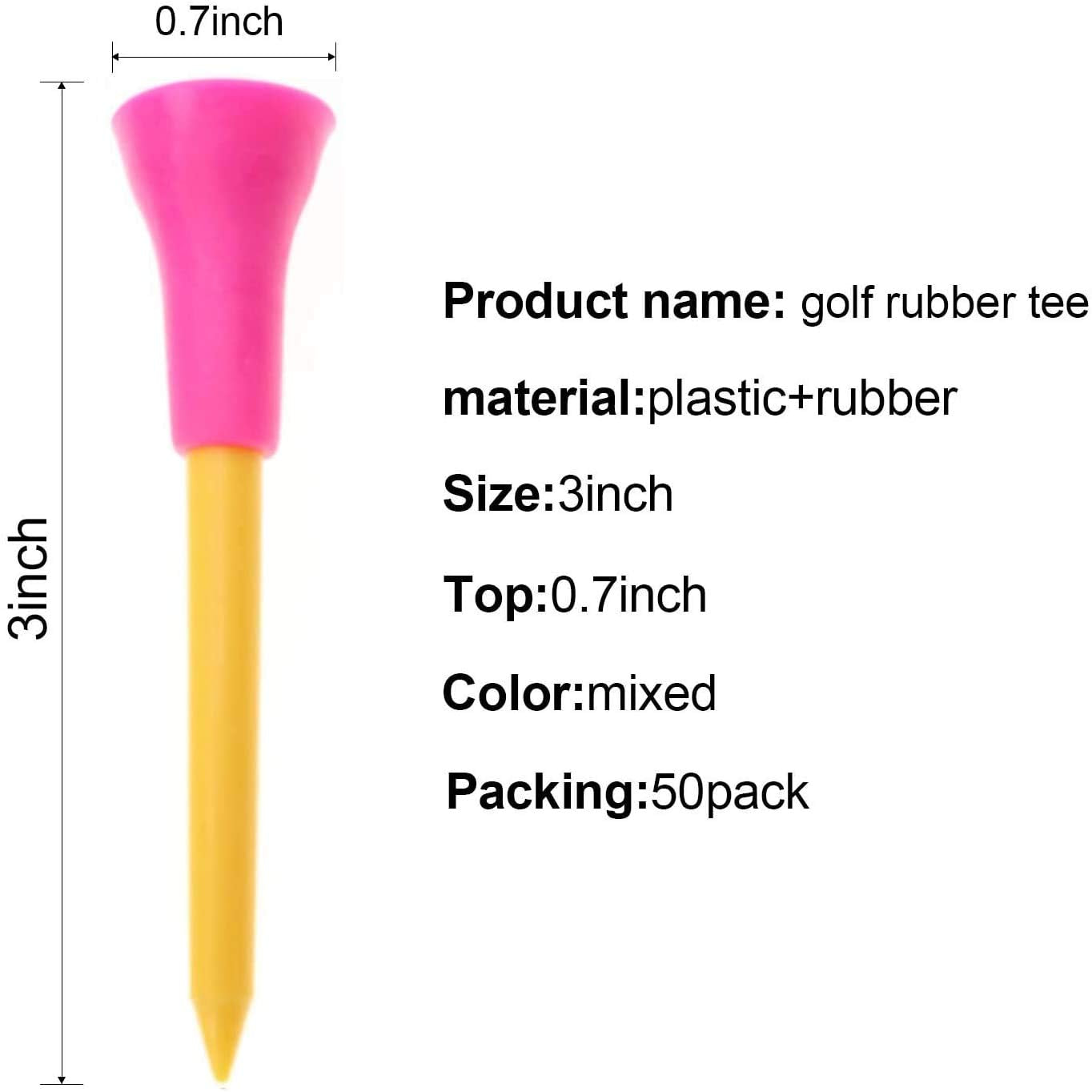 Rubber Cushion Top Plastic Golf Tees Mixed Colors Pack Of 50Pcs (2-3/4'')