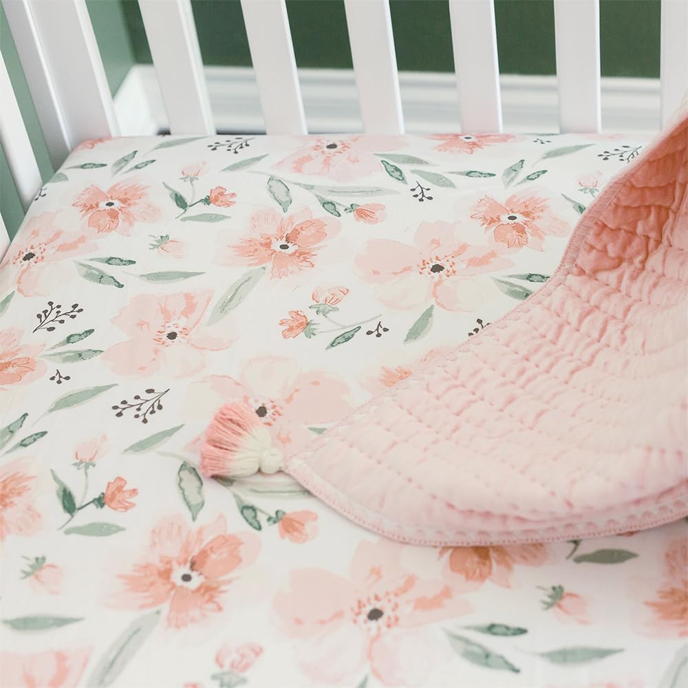 Crane Baby Soft Cotton Crib Mattress Sheet, Fitted Crib Sheet For Boys And Girls, Pink Floral, 28Aw X 52Ah X 9Ad