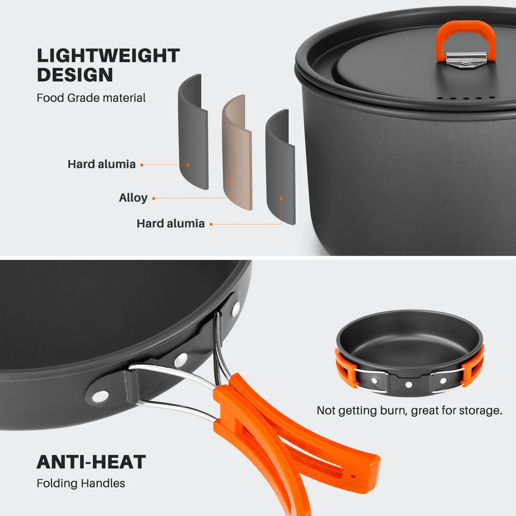 Odoland 15Pcs Camping Cookware Non-Stick Lightweight Camping Pots And Pans Set With Kettle Plastic Plates Bowls Soup Spoon For C