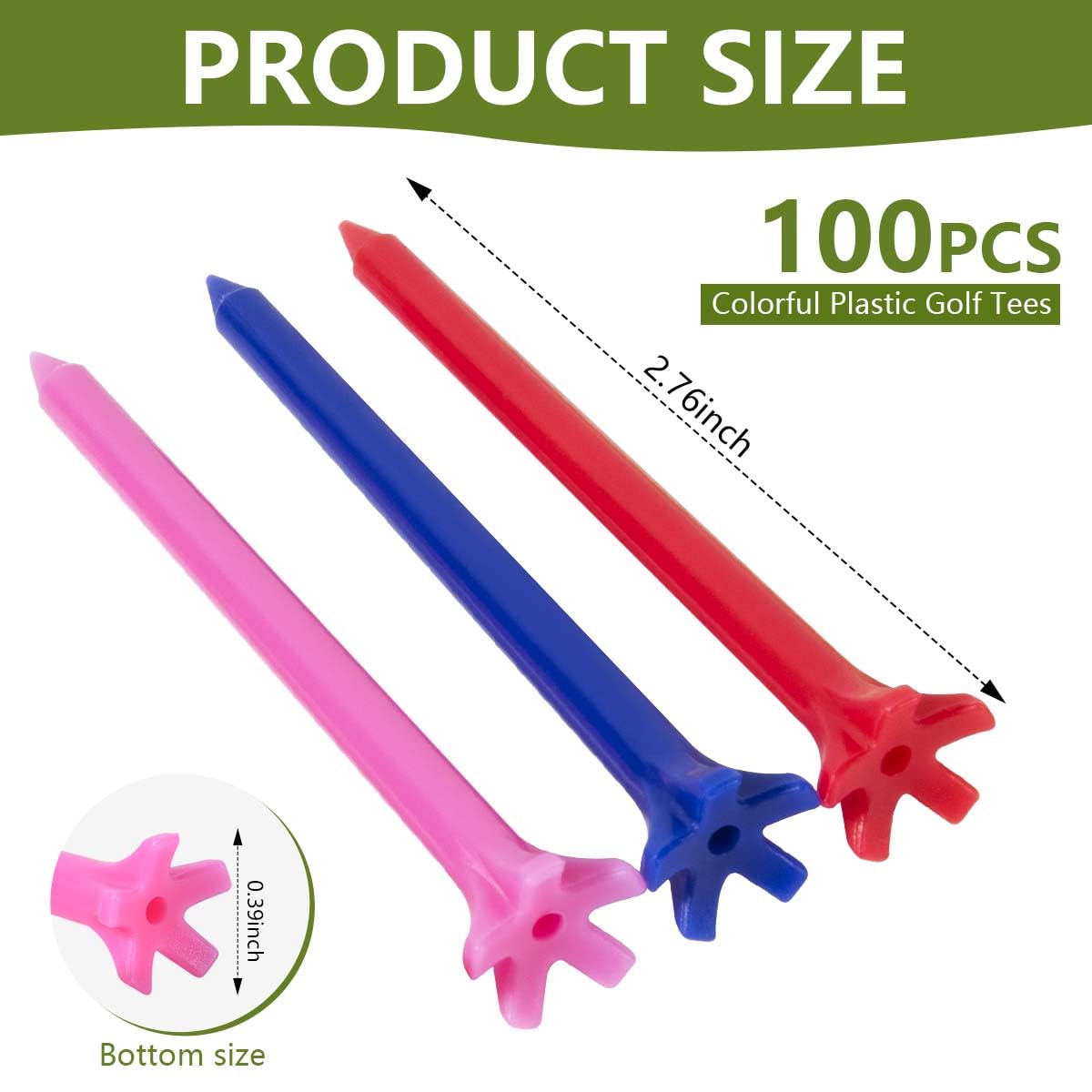 Kiseer 100 Pack Assorted Colors Professional Durable 2 3/4 Inch Plastic Golf Tees Bulk (Random Colors)