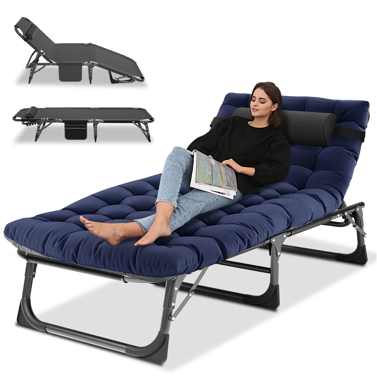 Portable Folding Camping Cot, Adjustable 4-Position Adults Reclining Chaise With Pillow, Outdoor Lounge Chair Sleeping Cots Bed,