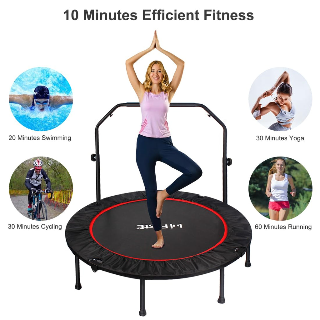 48 Inch Foldable Fitness Trampolines With 4 Level Adjustable Heights Foam Handrail,Jump Trampoline For Kids And Adults Indoor&Ou
