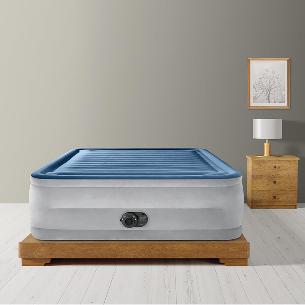Intex: Dura-Beam Deluxe Comfort-Plush Air Mattress - 22'' Queen Blue - Built-In Electric Pump, Durable Fiber-Tech, Carry Bag Inc