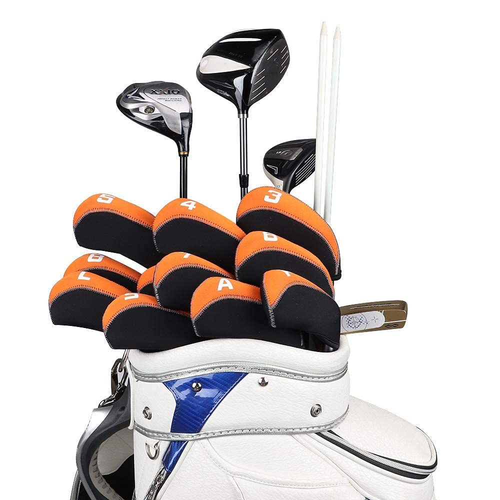 11Pcs/Set Neoprene Iron Headcover Set With Large No. For All Brands Callaway,Ping,Taylormade,Cobra Etc. (Orange & Black)