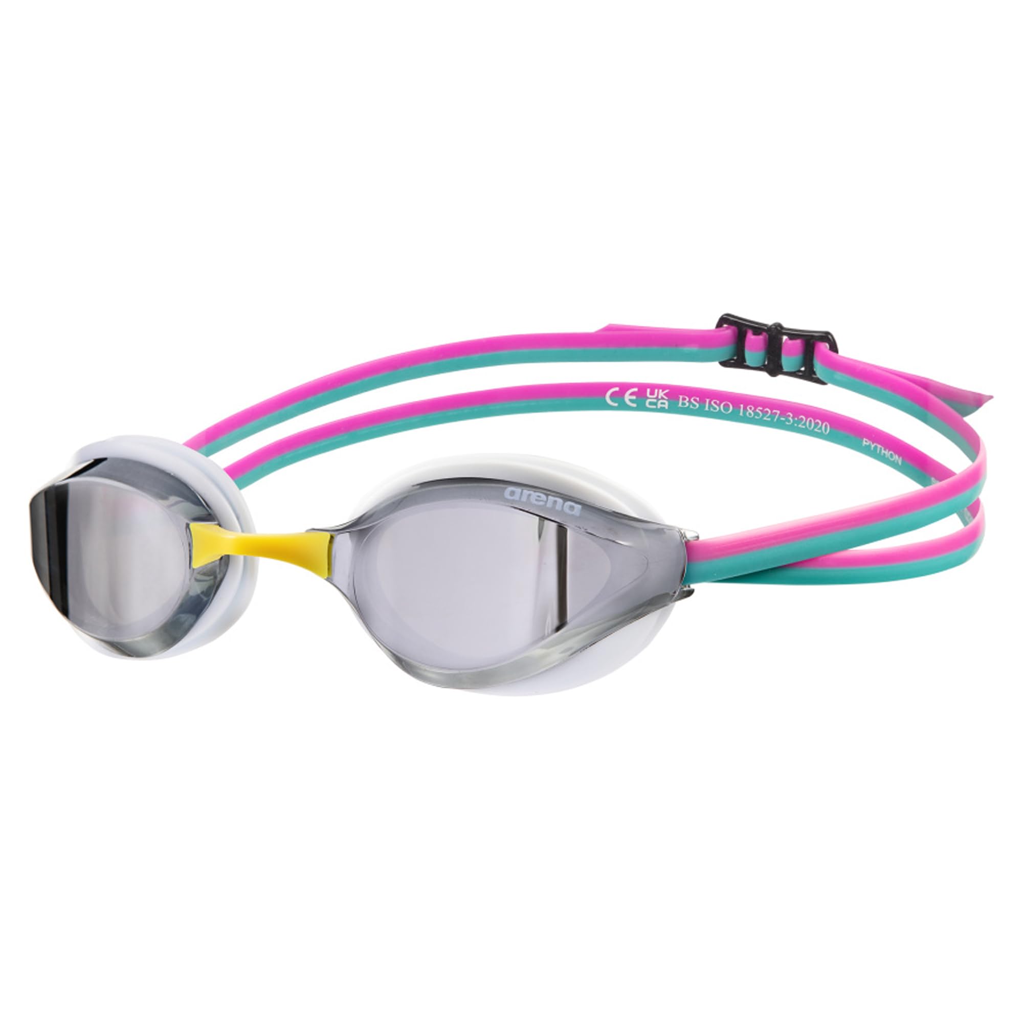 Arena Unisex Adults Python Racing Swim Goggles For Men And Women Anti-Fog Mirror Lens Max Comfort Dual Strap, Silver/White/Fuchs