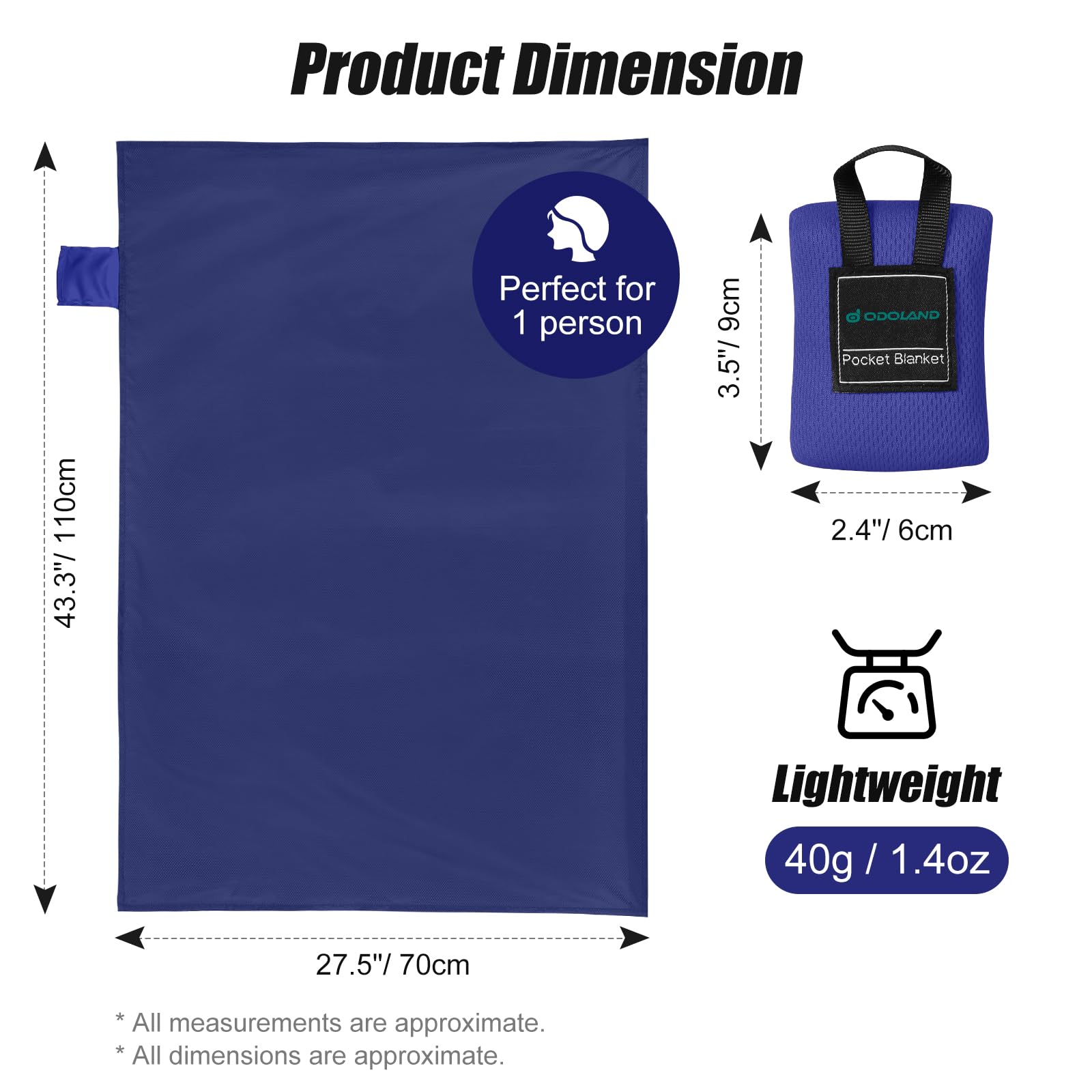 Odoland Beach Picnic Blanket, 43.3 X 27.5 Sandproof Waterproof Outdoor Pocket Blanket With Portable Bag, Foldable Lightweight Sa