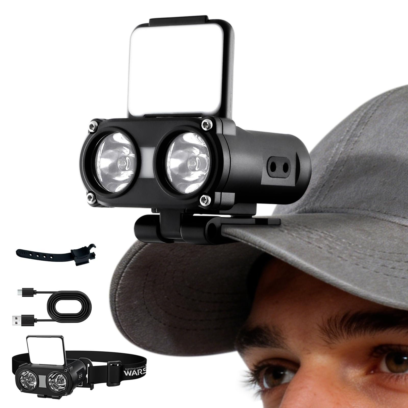 WARSUN Rechargeable Headlamp, 800 Lumens Motion Sensor LED Head Lamp, COB Clip On Hat Light for Baseball Caps, Lightweight Water