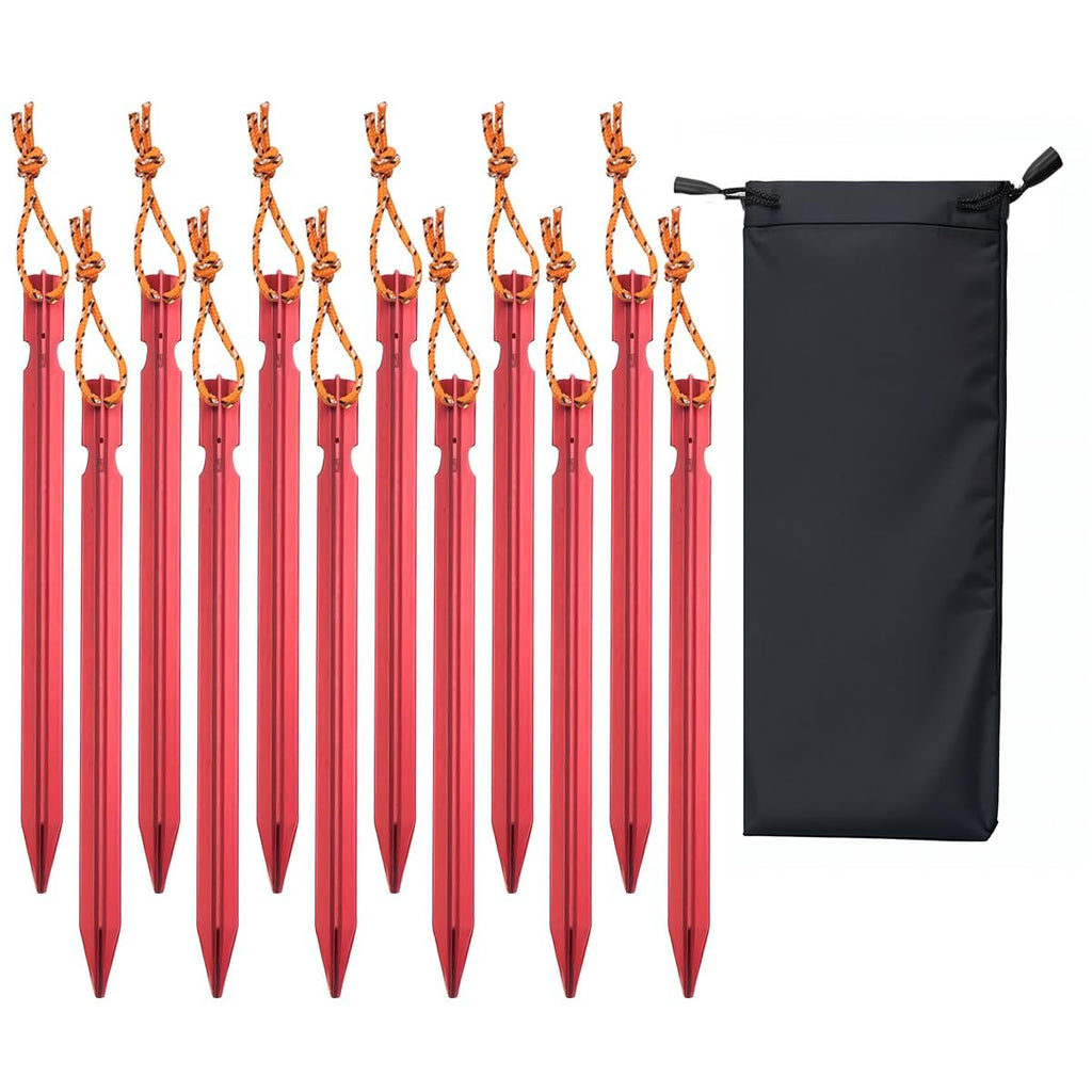Keovoker 12 Pack Tent Stakes, 7-Inch Ultralight Aluminum Ground Pegs With Reflective Pull Ropes, Tri-Beam Stake In A Carrying Ba