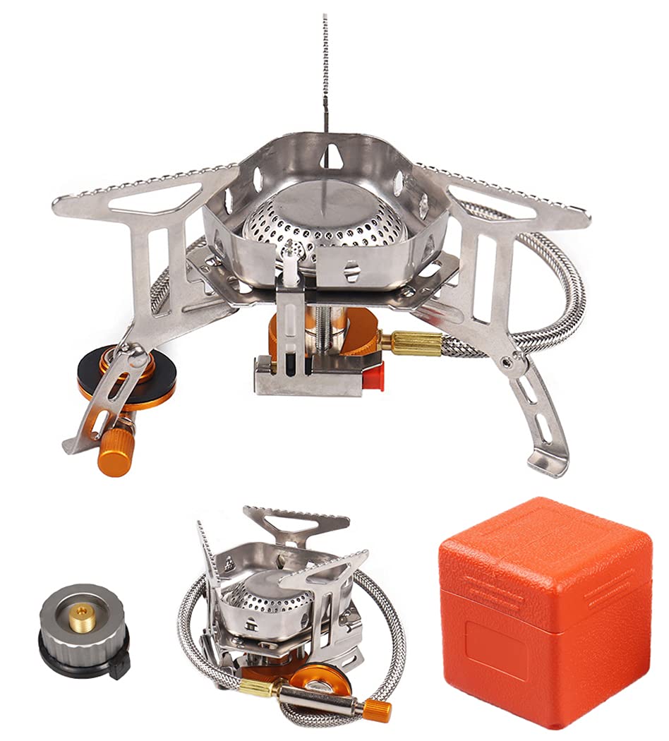 Dzrzvd Windproof Portable Backpacking Stove Burner With Piezo Ignition,Stove Adapter,Plastic Storage Box,Strong Firepower,Lightw