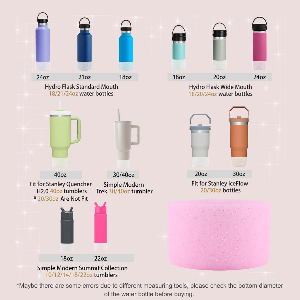 Worbss 2Pack Pink Glitter Silicone Boot Sleeve For Stanley Cup 40Oz Accessories For Hydro Flask 18-24Oz Or More Wide Mouth Water