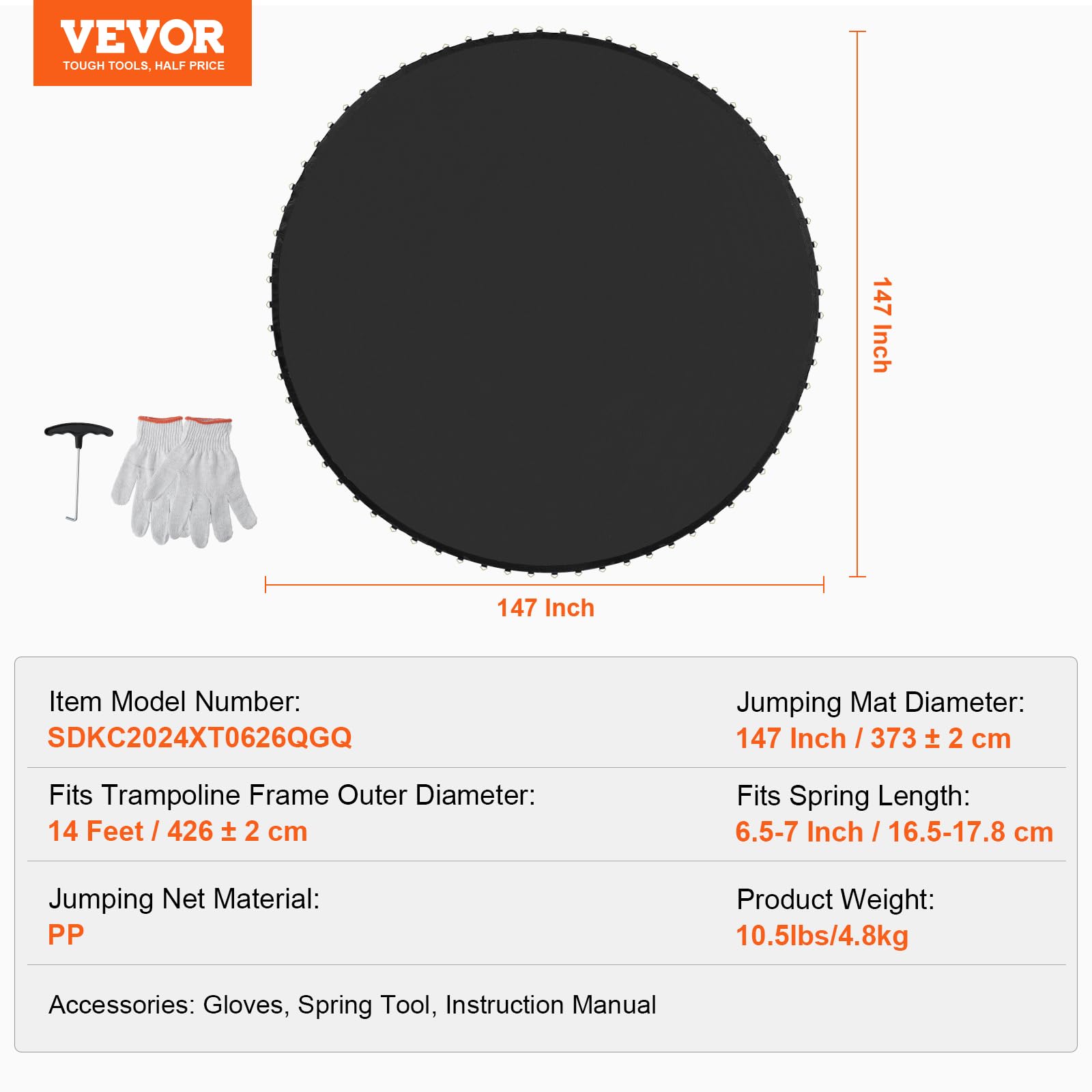 Vevor Replacement Trampoline Mat Fits 14Ft Frame 72 V-Ring 6.5''-7'' Spring Length