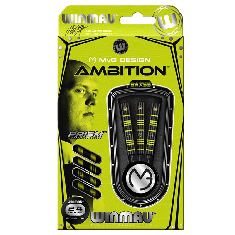 Winmau Michael Van Gerwen Mvg Ambition Brass Steeltip Darts Set 24G With Mvg Flights And Nylon Shafts (Stems)