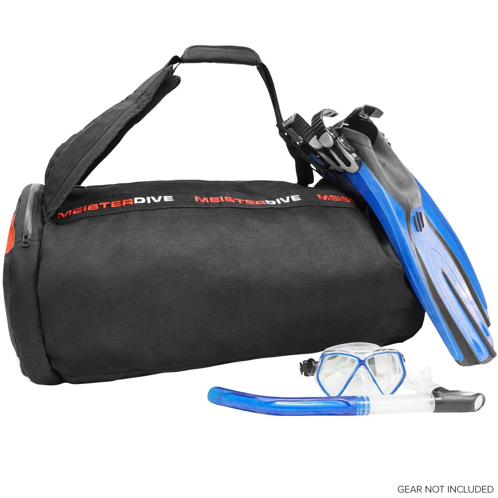 Meister Mesh Duffel Backpack Dive Bag W/Dry Pocket For Scuba & Snorkeling - Black
