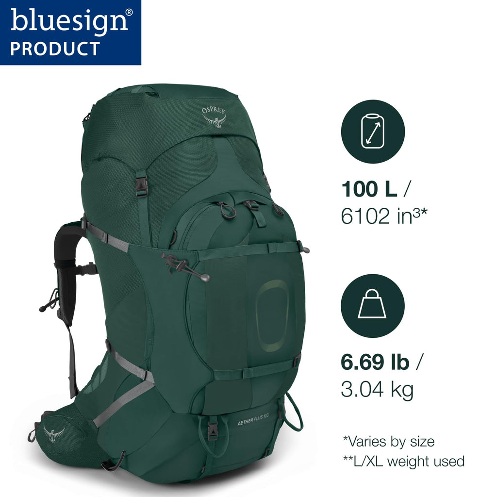 Osprey Aether Plus 100L Mens Backpacking Backpack, Axo Green, L/XL