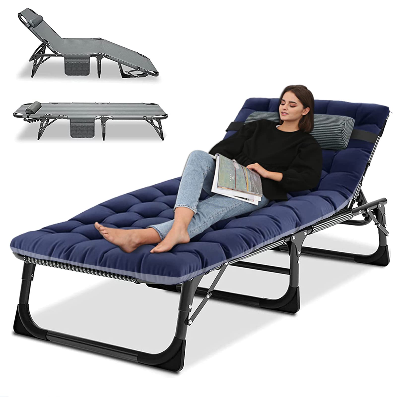 Portable Folding Camping Cot, Adjustable 4-Position Adults Reclining Folding Chaise With Pillow, Outdoor Portable Folding Lounge