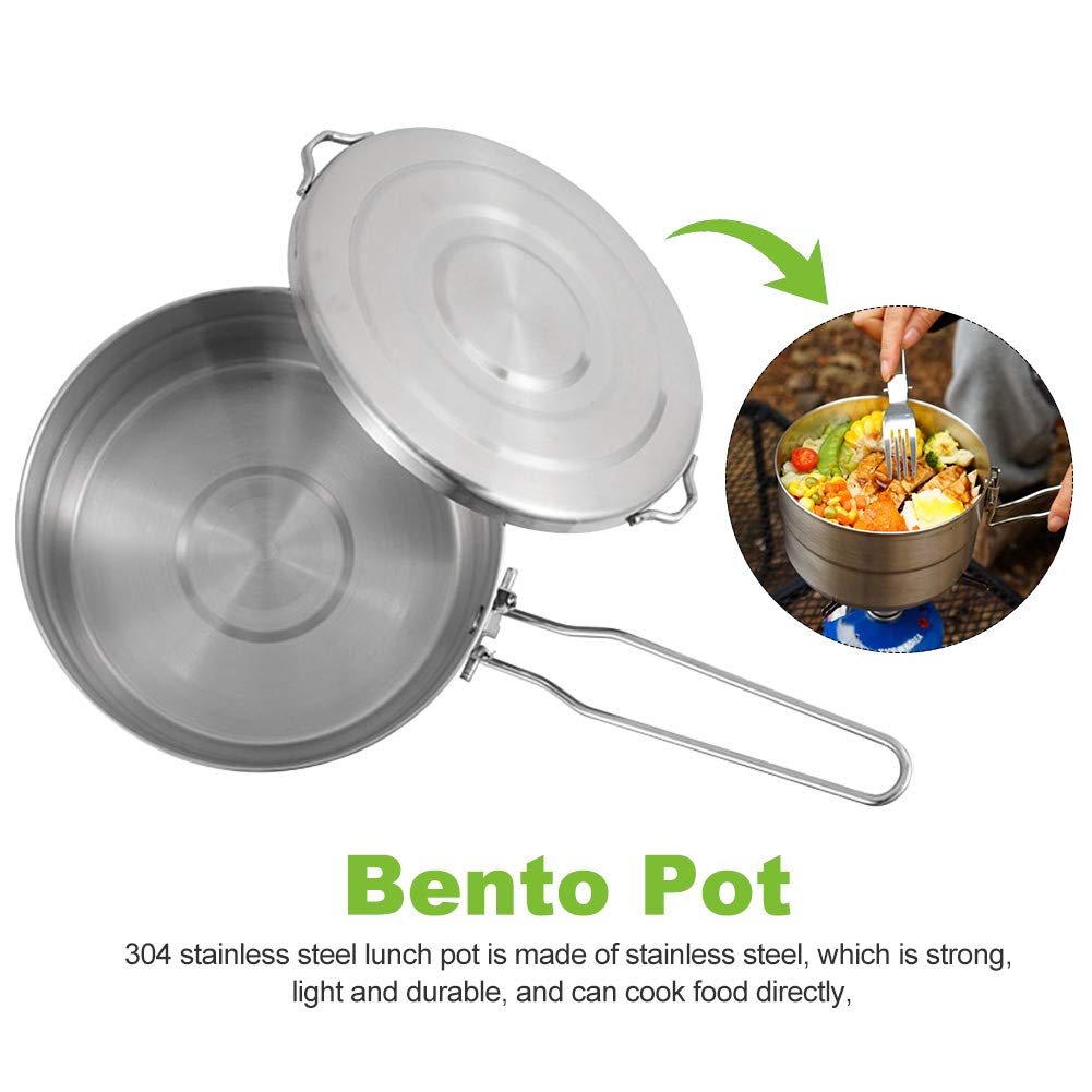Denpetec Stainless Steel Camping Cook Pot With Lid And Folding Handle Camping Cookware 1.5L Large Capacity Bento Pot For Camping