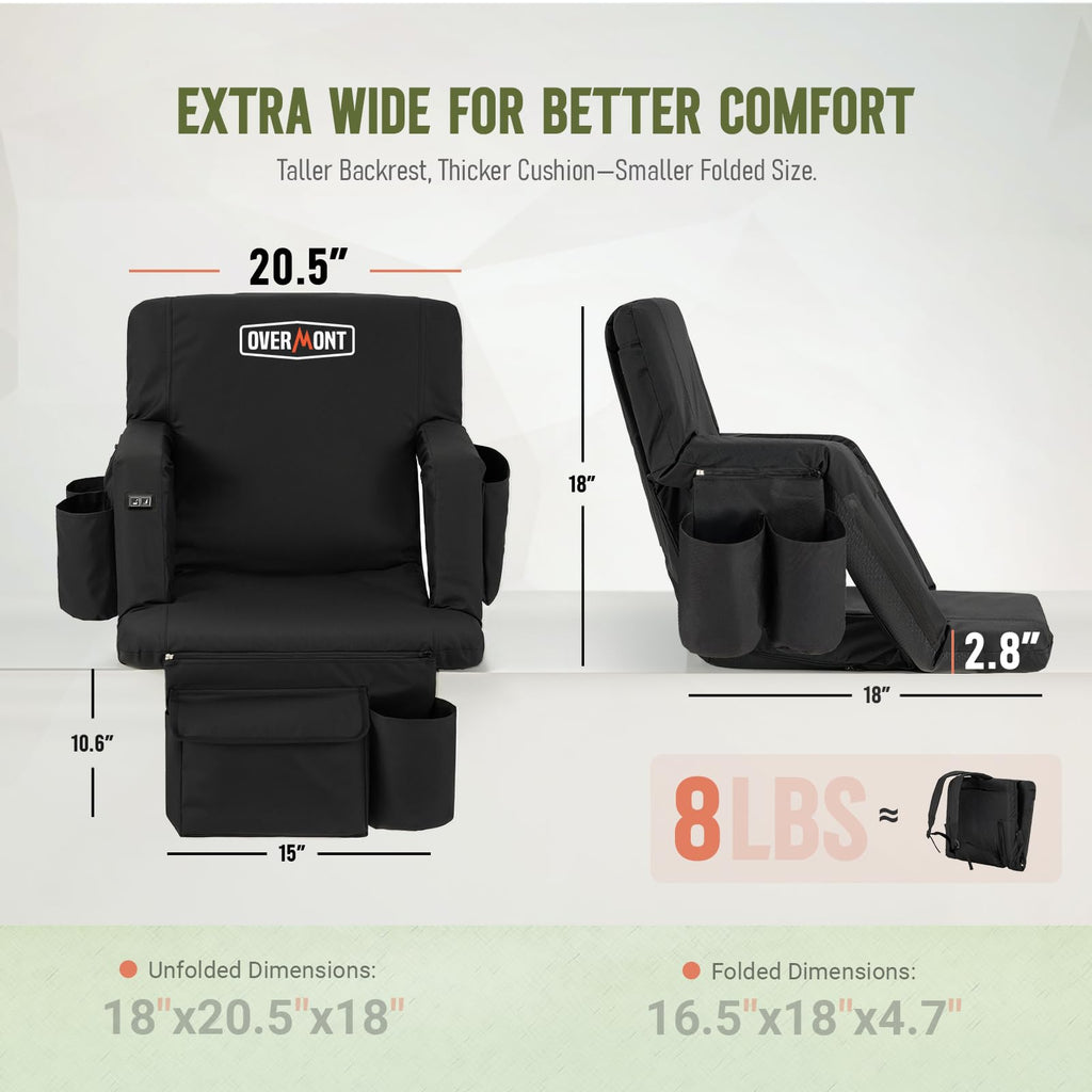 Overmont Stadium Seat With Back Support - 6-Position Recliner, Extra Wide Cushion, Dual Hooks, Backpack Straps, And Multiple Poc