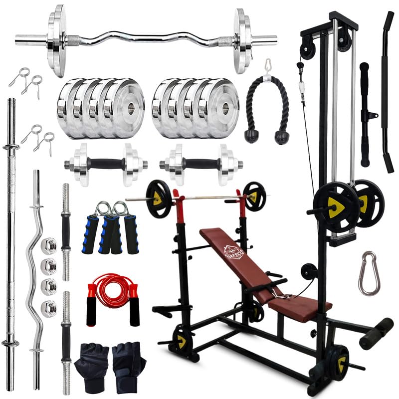 Safeco Fitness 90Kg Steel Plates Combo With 20In1 Adjustable Bench With UHook, Lat Pulldown, Curl Rod, Straight Bar, Dumbbell