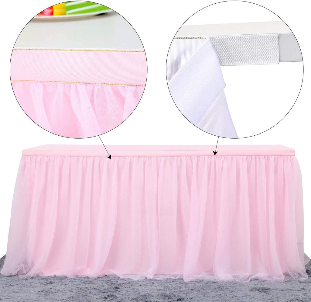 Nssonben 14Ft Pink Tulle Table Skirt Fluffy And Elegant Tutu Table Skirts For Wedding Birthday Party Baby Shower (L168Inah30In)