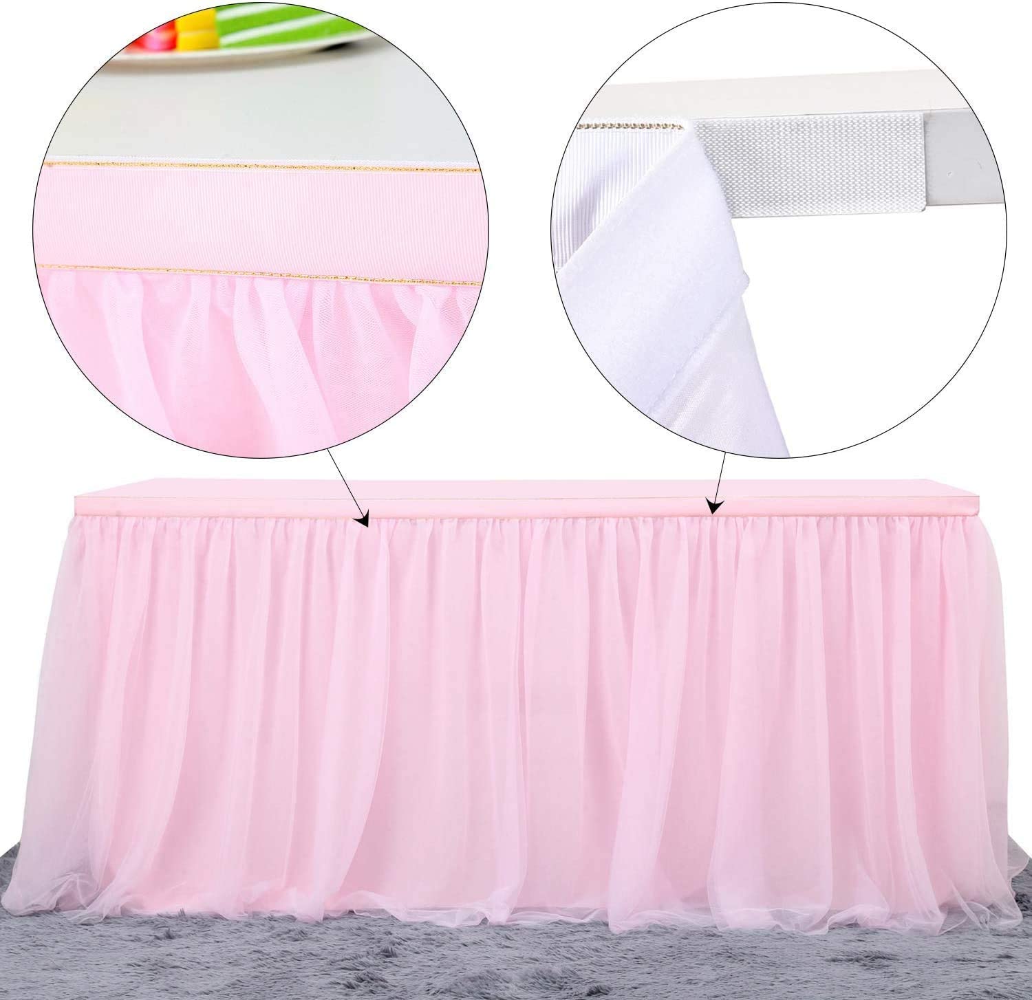 Nssonben 14Ft Pink Tulle Table Skirt Fluffy And Elegant Tutu Table Skirts For Wedding Birthday Party Baby Shower (L168Inah30In)