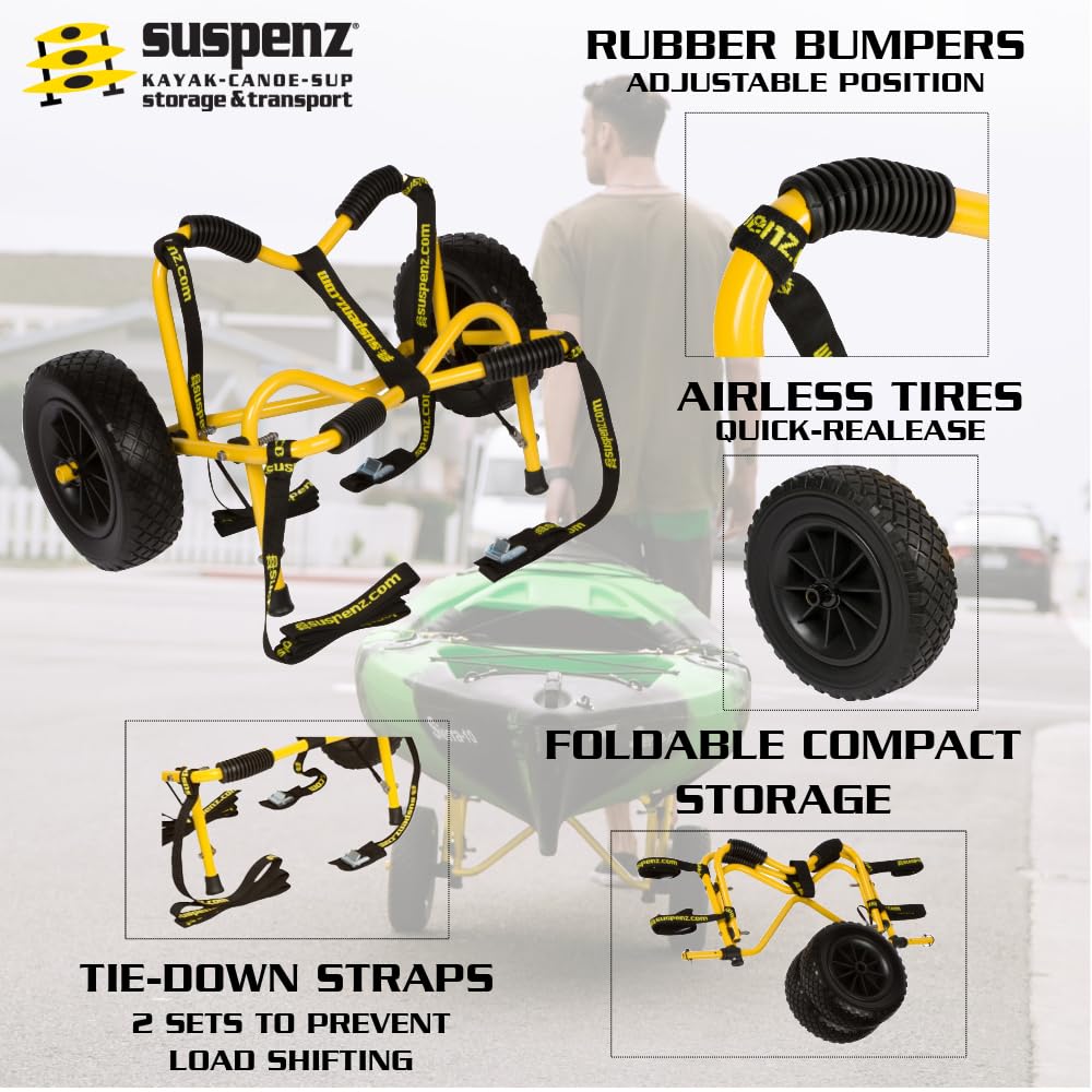 Suspenz Kayak Canoe Transport Trailer, Dlx Kayak Cart, Trolley With Airless Wheels And Straps, Weight Capacity 150 Lbs, Yellow (