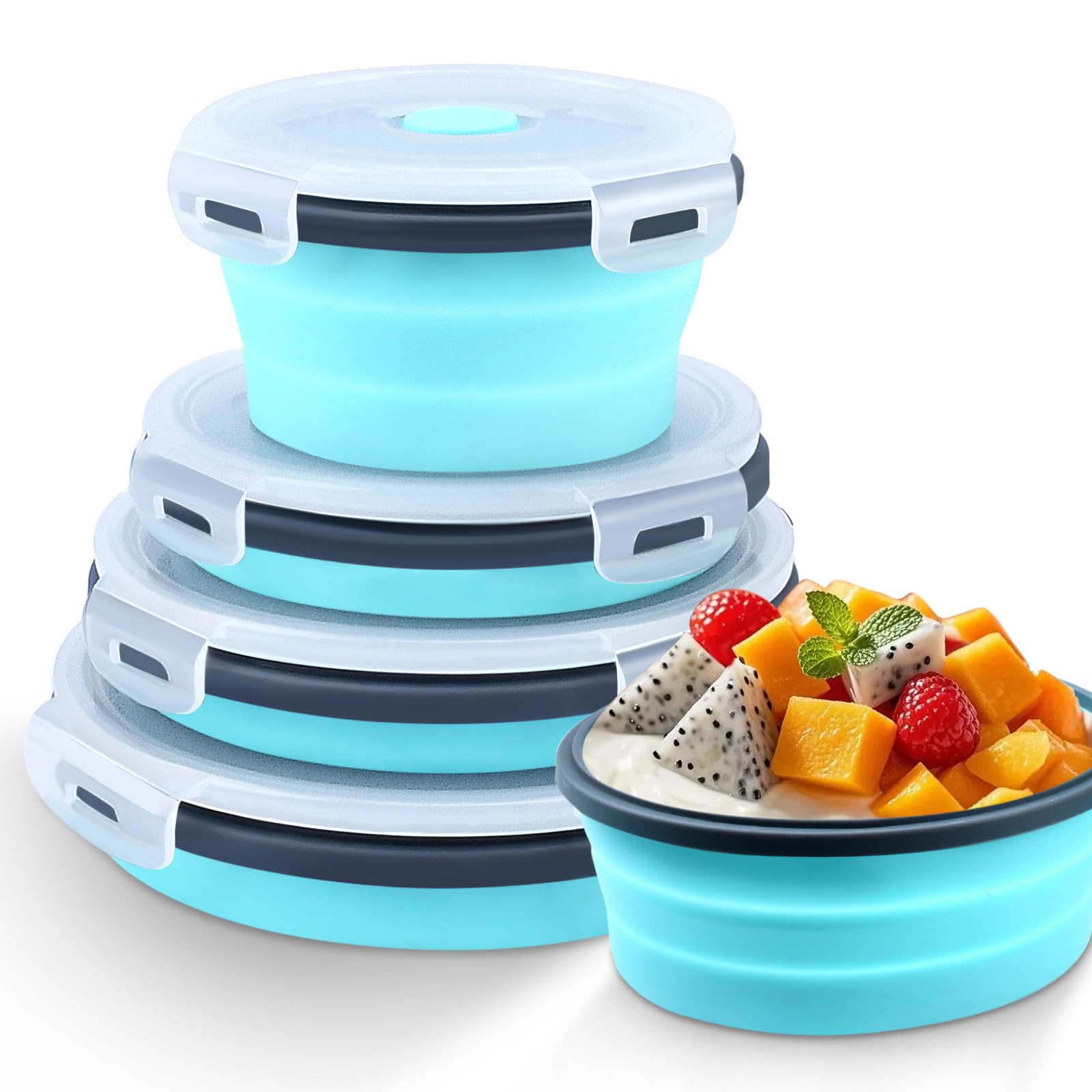Collapsible Food Storage Containers With Lid & Air Vent, 4 Pack Rectangular Foldable Collapsible Storage Containers Sets, Travel