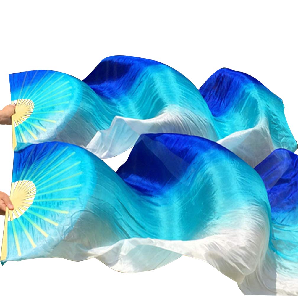 Kikigoal 1 Pair(Leftright) Women Real Silk Belly Dance Fan Veil, Length 180Cm Width 90Cm (Gradual Blue)