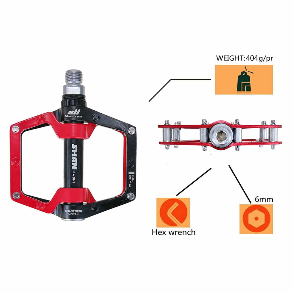 Black Red 528 Shanmashi Mountain Bike Mtb Pedals Aluminium Bicycle Bmx Flat Pedal With Removable Non-Slip Studs 9/16