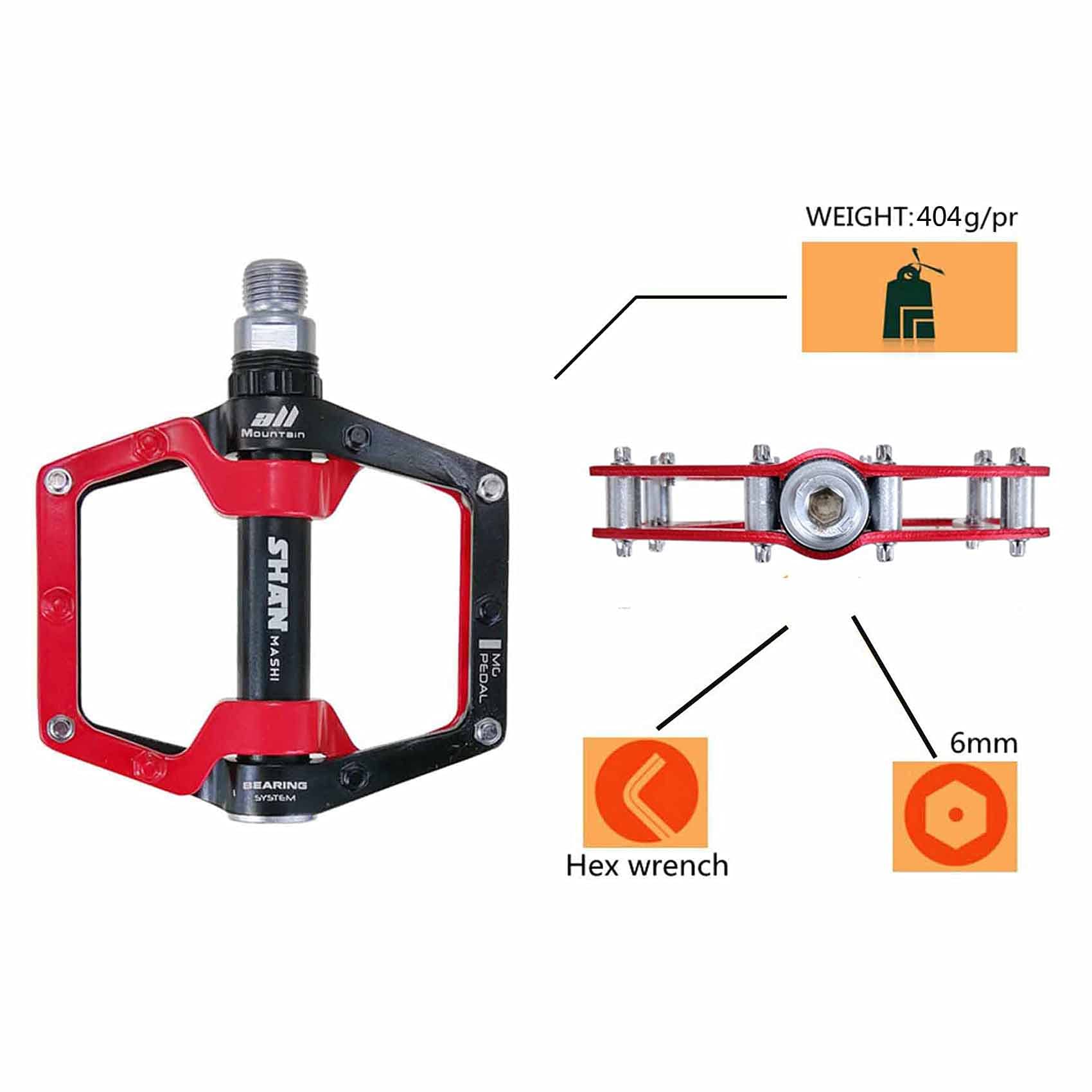 Black Red 528 Shanmashi Mountain Bike Mtb Pedals Aluminium Bicycle Bmx Flat Pedal With Removable Non-Slip Studs 9/16