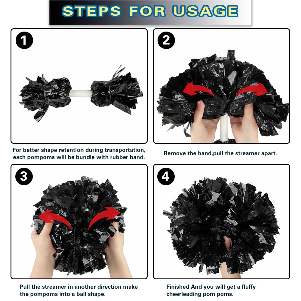 Lovecheer 2Pcs Pom Poms Cheerleading Black Metallic Cheer Pom Poms With Baton Handle For Sports Team Spirit Party Cheering