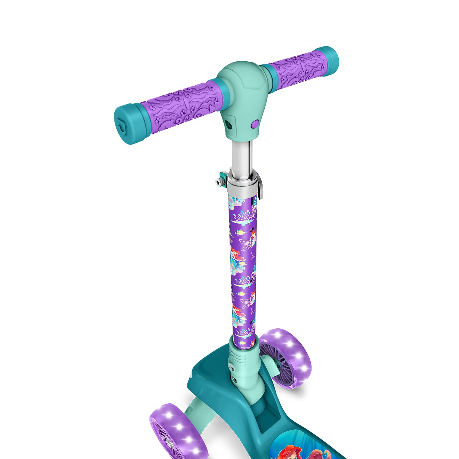 Jetson Disneys The Little Mermaid Three-Wheel Kids Kick Scooter | Includes LED Lights on Stem & Light-Up Wheels |Height-Adjust