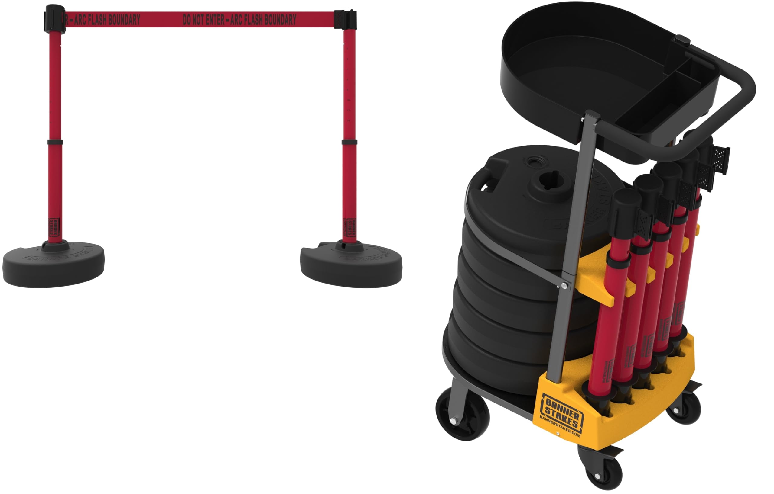 Banner Stakes Crowd Control Plus Cart Package & Accessory Tray, 75 Total Retractable Belt Barrier System - 5 Telescoping Stanch