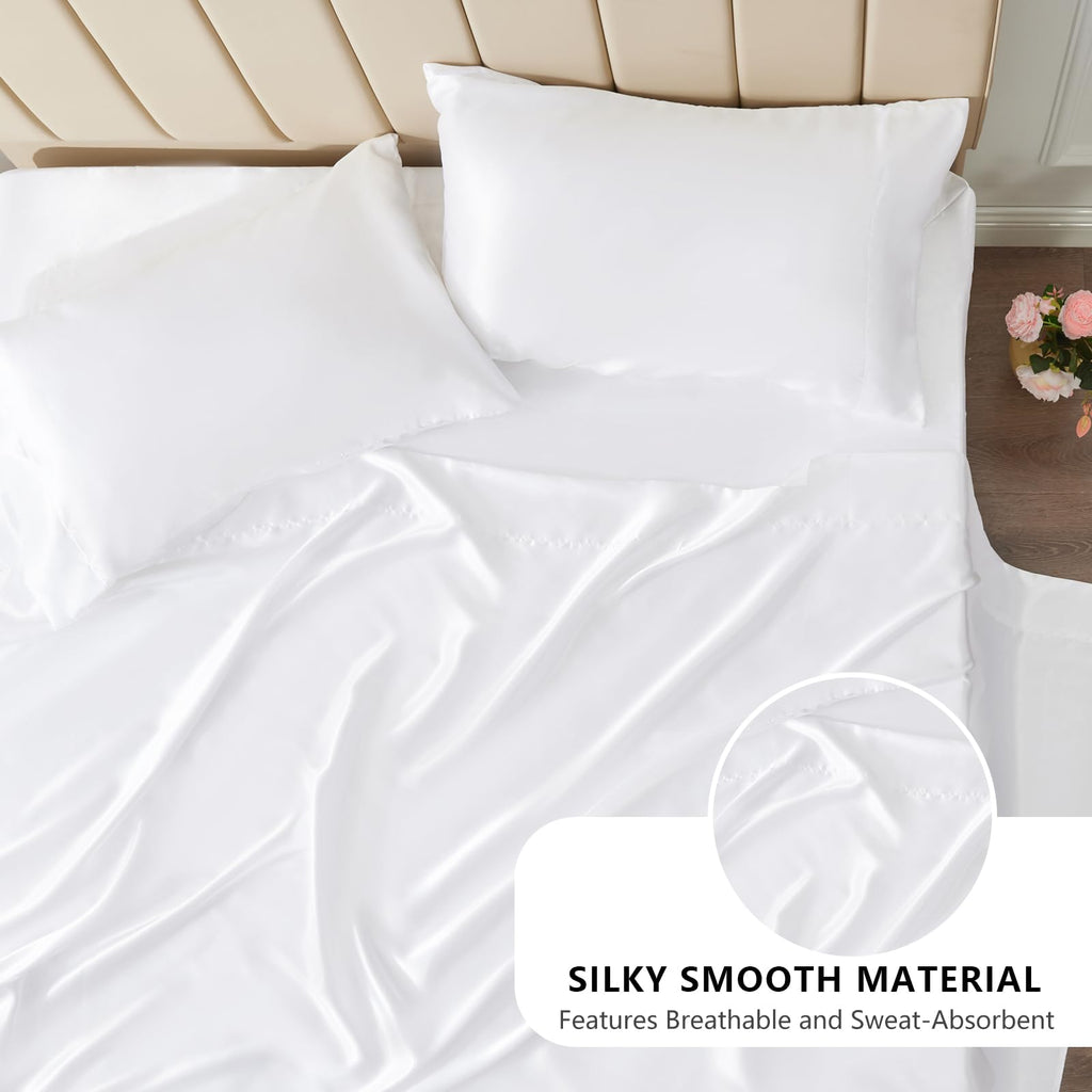 Cozylux Satin Sheets, Full Size Bed Sheets, Silky 4-Pcs Bedding Set, White Satin Sheets With 16 Inches Deep Pocket Fitted Sheet,