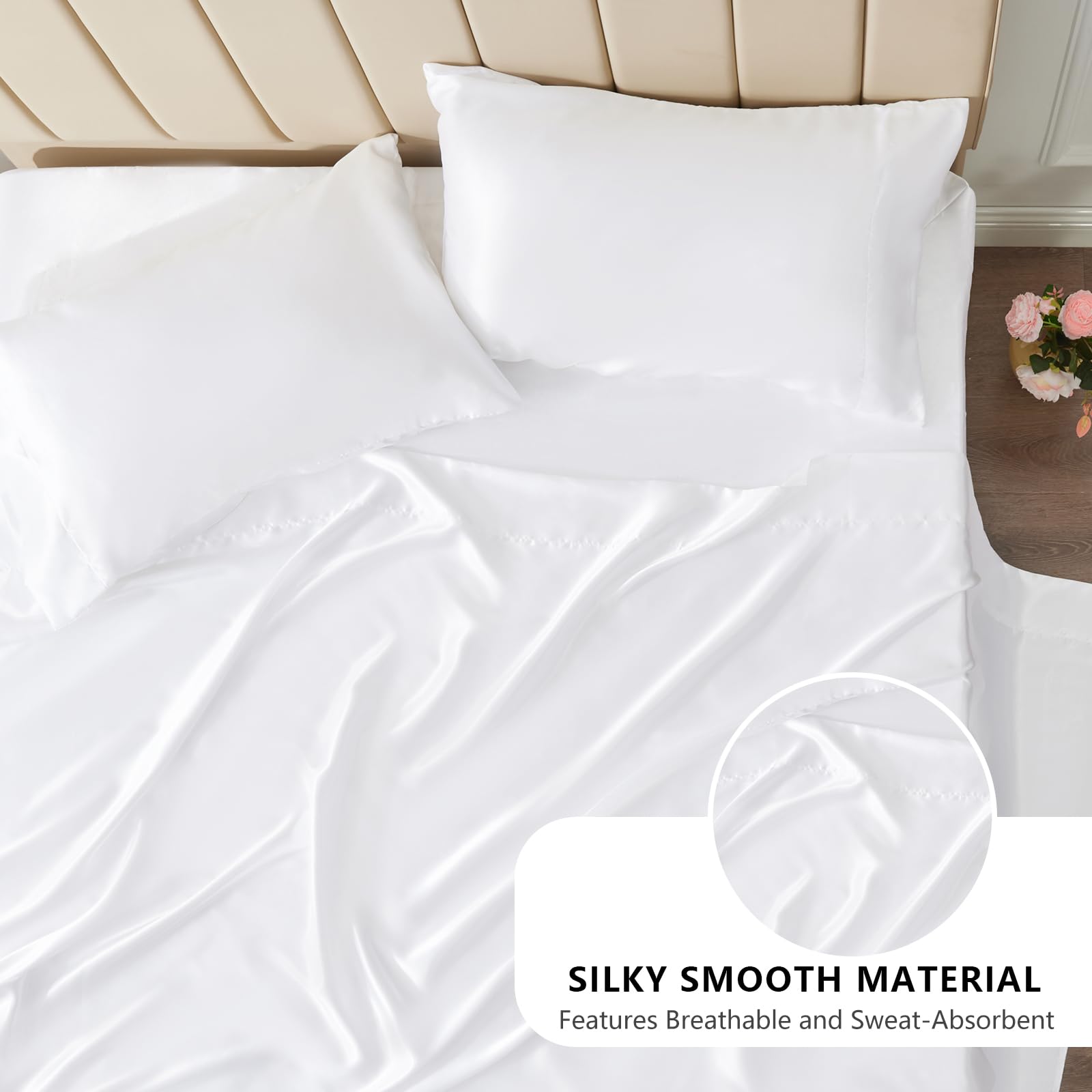 Cozylux Satin Sheets, Full Size Bed Sheets, Silky 4-Pcs Bedding Set, White Satin Sheets With 16 Inches Deep Pocket Fitted Sheet,