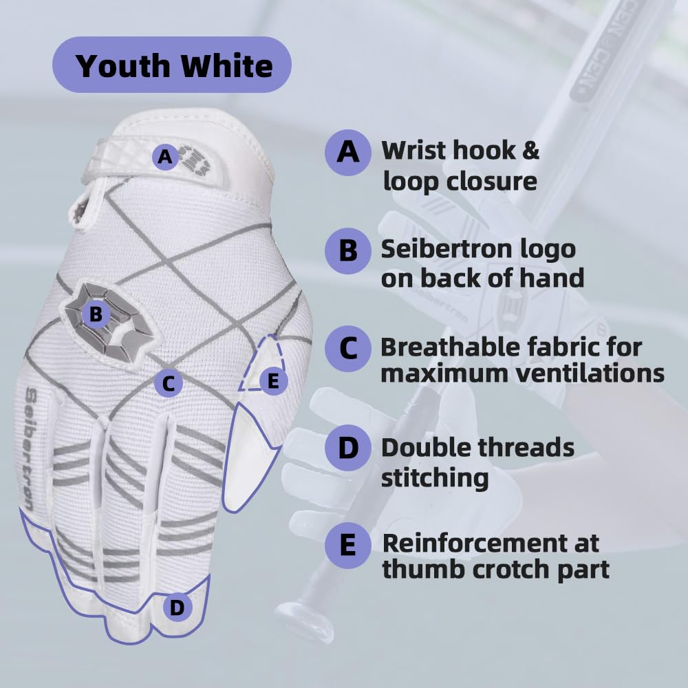 Seibertron B-A-R Pro 2.0 Signature Baseball/Softball Batting Gloves Super Grip Finger Fit For Youth (White, Xl)