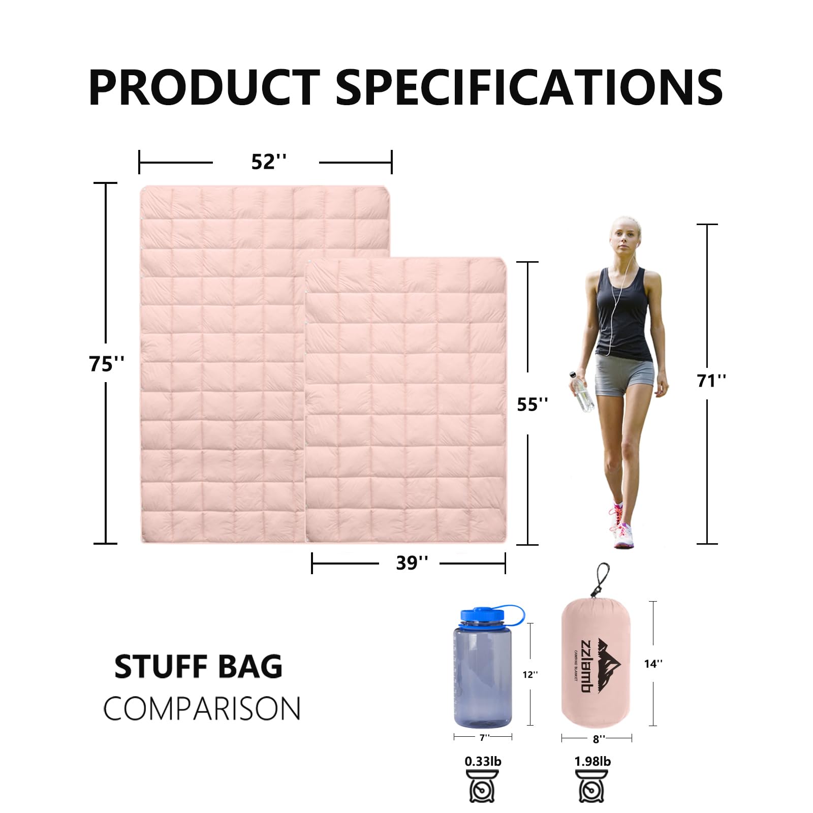 Zzlamb Cherry Pink Basic Water-Repellent Down Alternative Camping Blanket For Adults, Compact Lightweight Soft Puffy Blanket, Wa