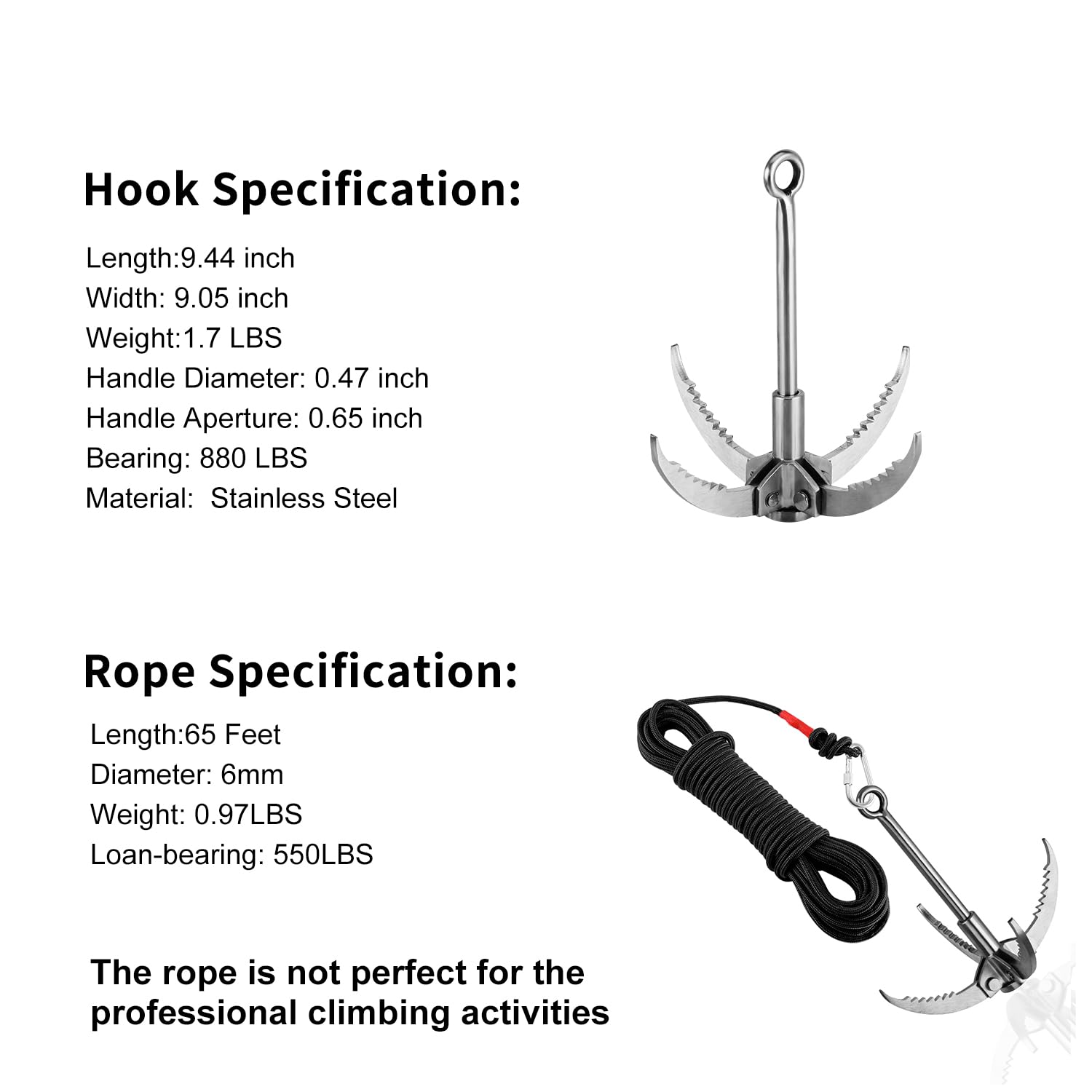 Ant Mag Grappling Hook Stainless Steel Claw Carabiner With 20M/65Ft 6Mm Auxiliary Black Rope For Camping Hiking Tree Grabbing An