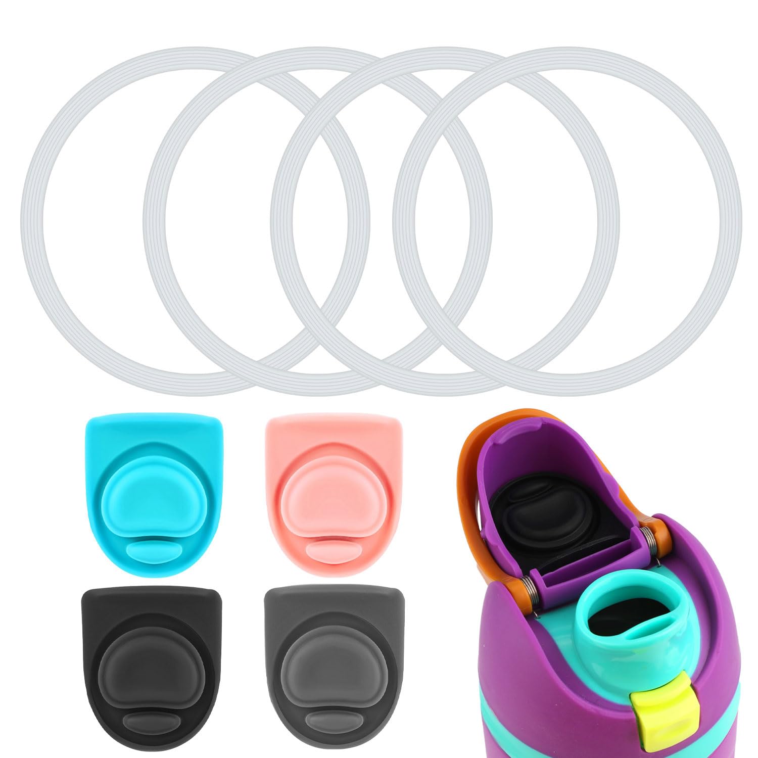 4pcs Water Bottle Seal Circle & 4pcs Replacement Rubber Stopper, Silicone O Ring Lid Gasket Parts for Owala Free Sip 19oz 24oz 3