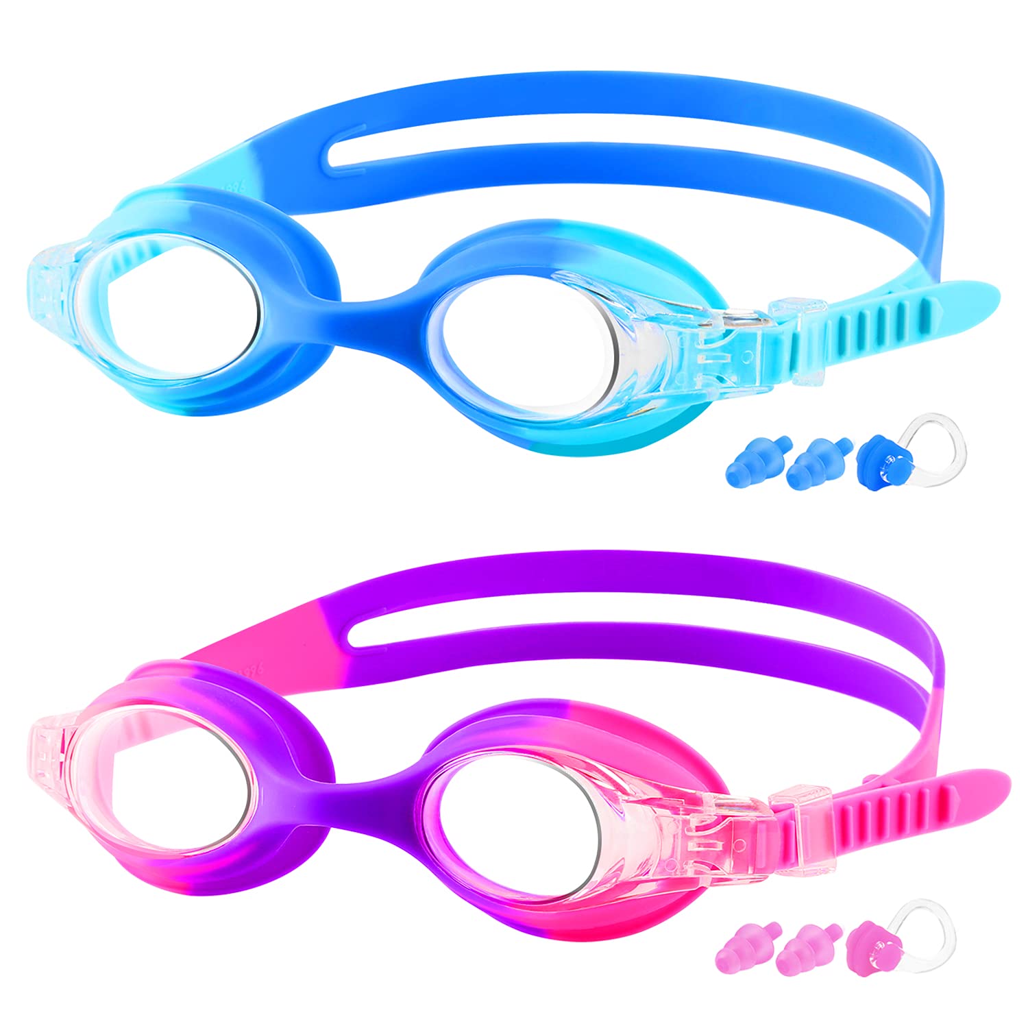 Cooloo Kids Goggles For Swimming Age 3-15, 2 Pack Kids Swim Goggles With Nose Cover, No Leaking, Anti-Fog, Waterproof, Blue & Pu