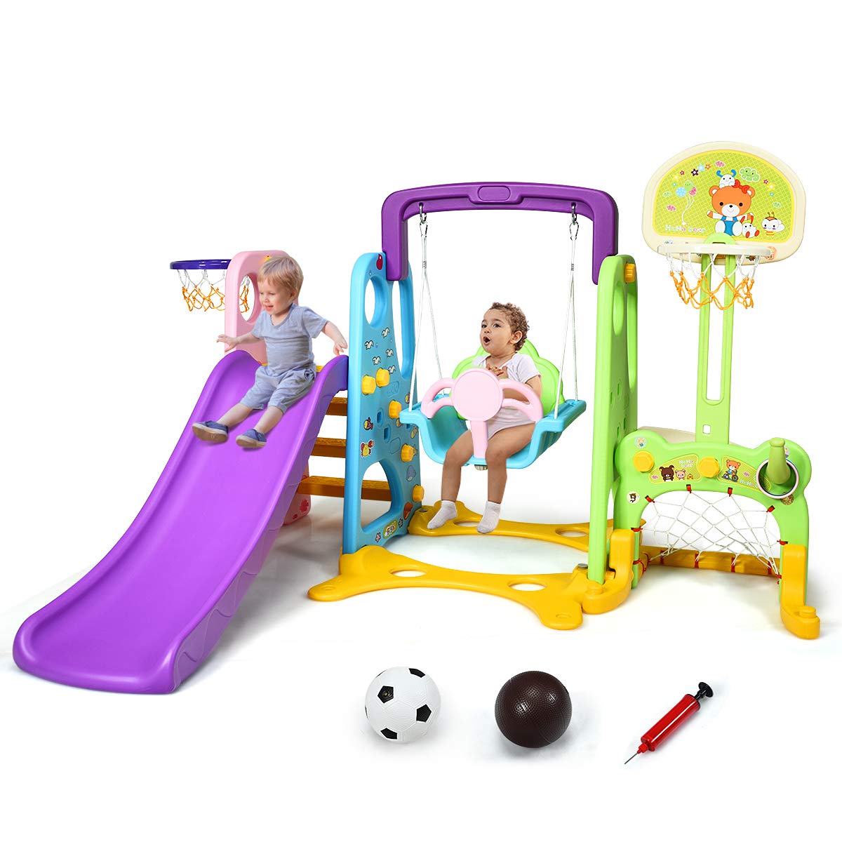 Costzon 6 in 1 Toddler Slide and Swing Set, Kids Large Climber Slide Playset with Basketball Hoop and Football Gate, Playground 