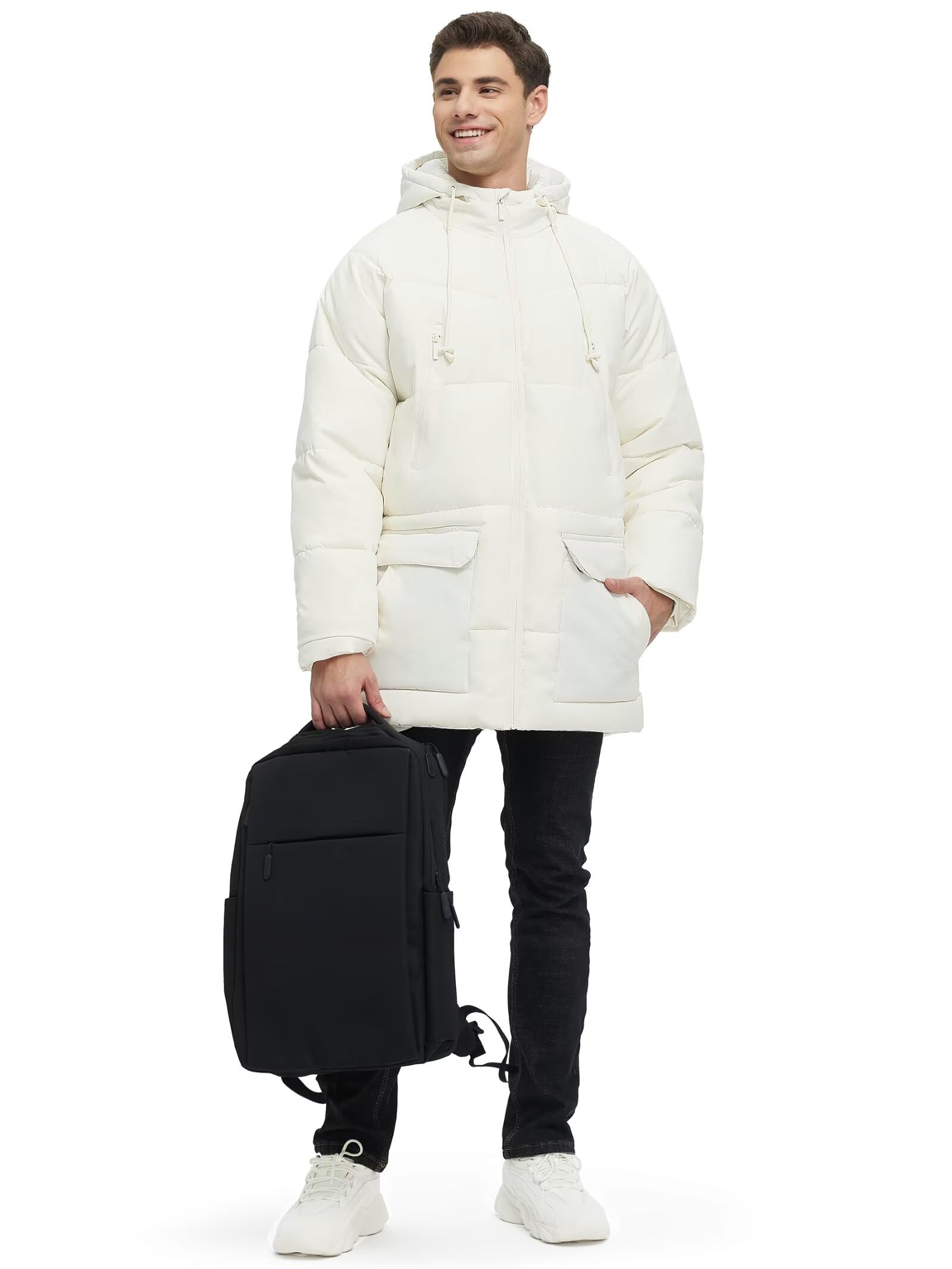 Rejork Men s Long Winter Coat Hooded Warm Quilted Jacket Water-resistant Cold Weather Parka Biege 2XL