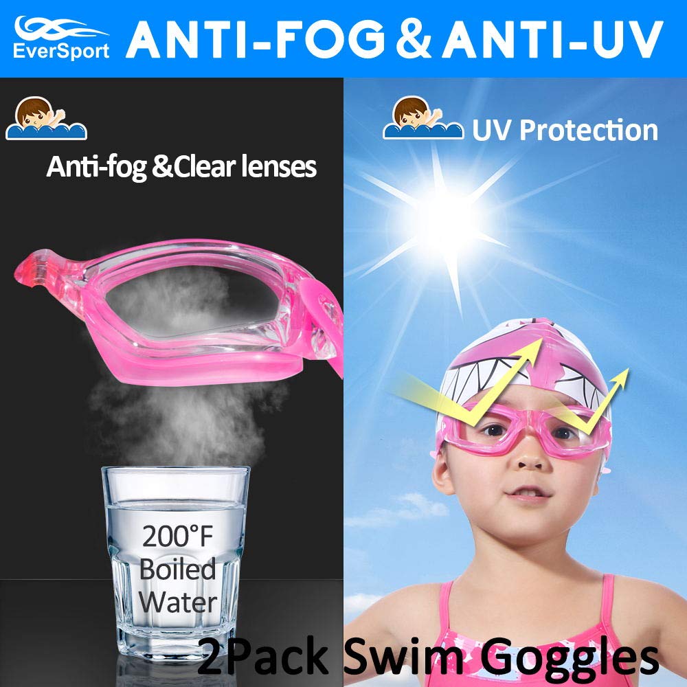 Eversport Kids Swim Goggles, Pack Of 2 Swimming Goggles For Children Teens, Anti-Fog Anti-Uv Youth Swim Glasses Leak Proof For A