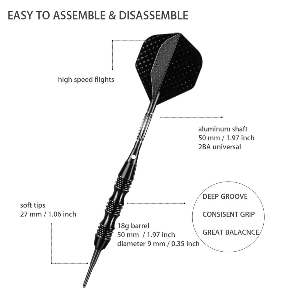 Sanfeng Professional Soft Tip Darts Set 20 Grams W/ 50 O-Rings- 30 Darts Plastic Tip + Black Aluminum Shafts + 6 Standard Flight