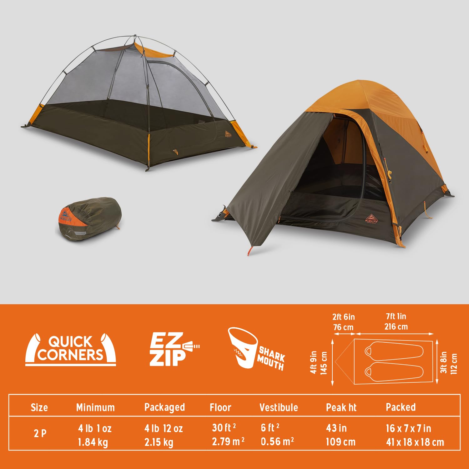 Kelty Grand Mesa 2P Backpacking Tent - 3 Season 2 Man Camping Thru Hiking Shelter, Aluminum Poles, Single Door + Vestibule, 2024