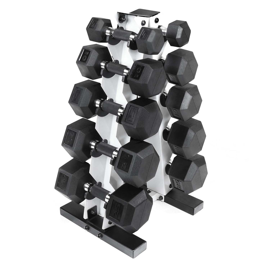CAP Barbell 150lb Comfort Grip Rubber Hex Dumbbell Set with Vertical White Rack