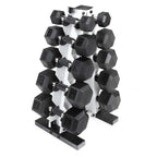 CAP Barbell 150lb Comfort Grip Rubber Hex Dumbbell Set with Vertical White Rack
