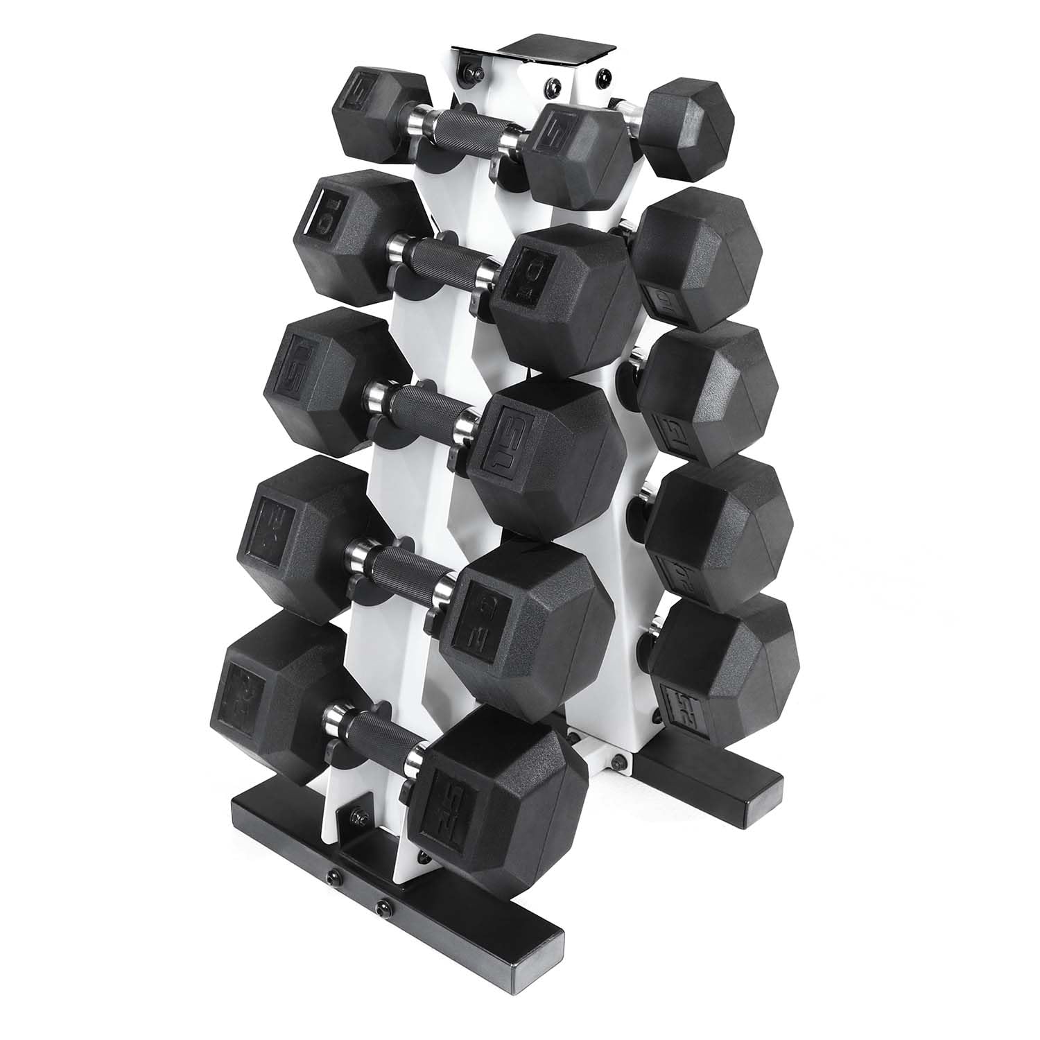 CAP Barbell 150lb Comfort Grip Rubber Hex Dumbbell Set with Vertical White Rack