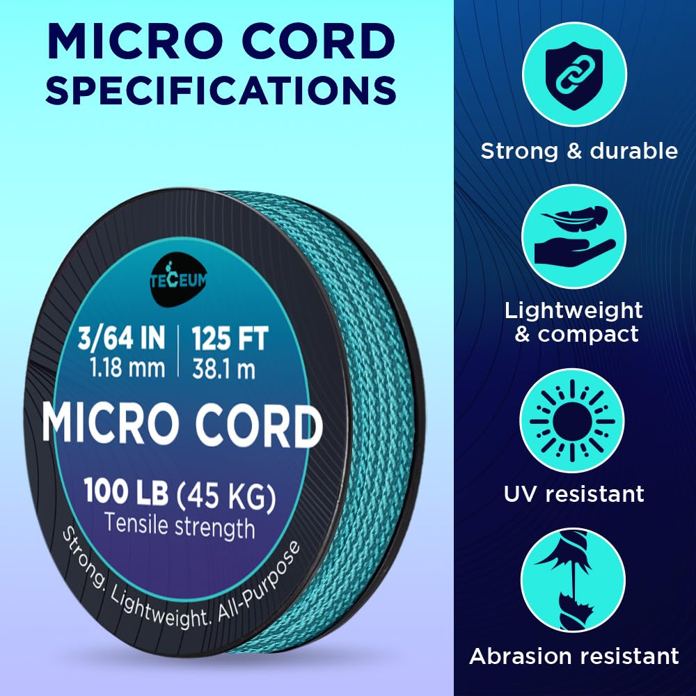 Teceum Micro Paracord - Green Wave - 1.18 Mm X 125 Ft - Micro Utility Cord - Thin Braided Paracord Rope Nylon Polyester - Wind C