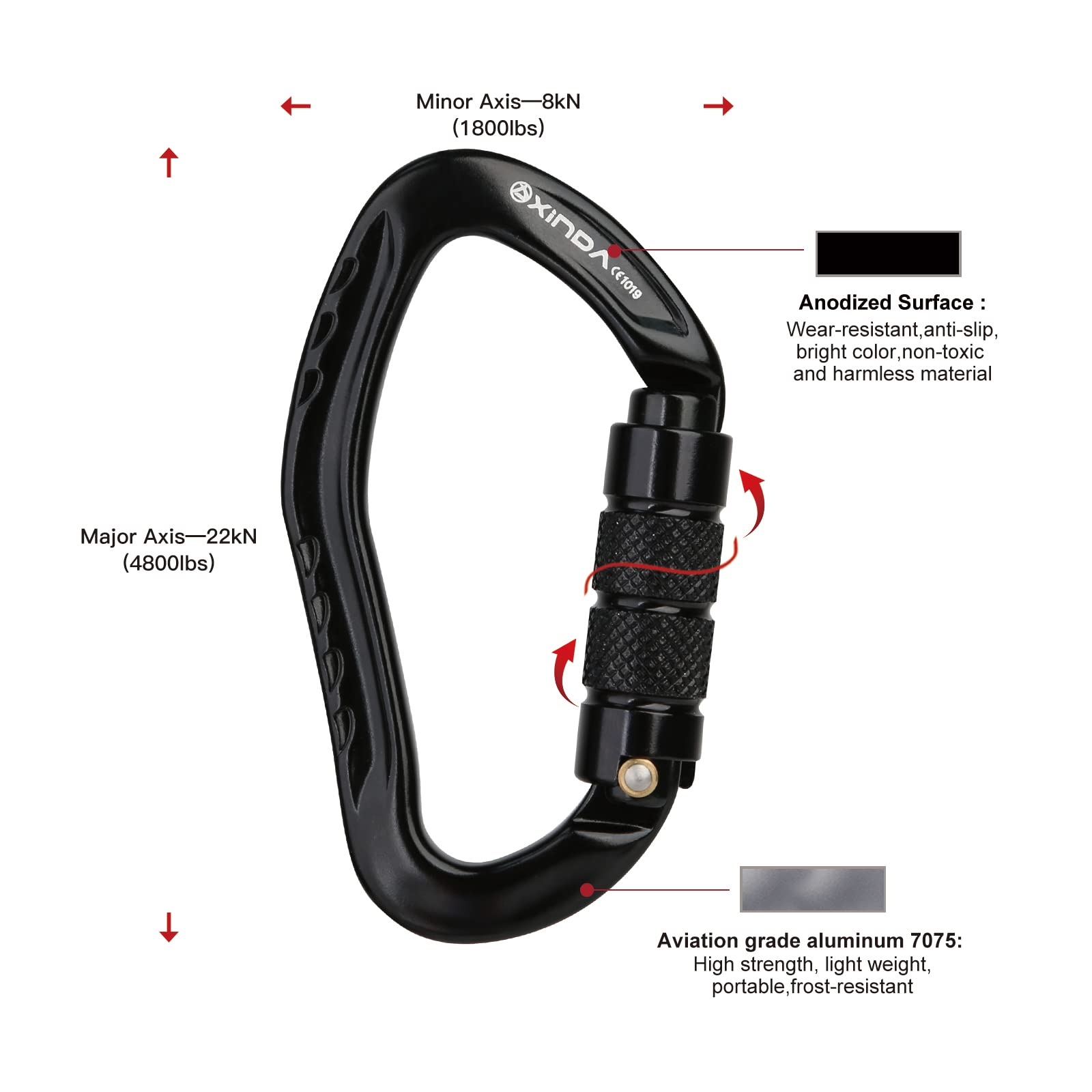 Xinda 22Kn Auto Locking Carabiner Clip - Twist Lock Climbing Carabiner Ce Uiaa Certified, Heavy Duty Carabiners For Climbing,Rap