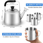 Odoland 4L Camping Kettle Set With 4 Cups, Durable Stainless Steel Camp Tea Coffee Water Pot With 4 Mugs For Hiking, Backpacking